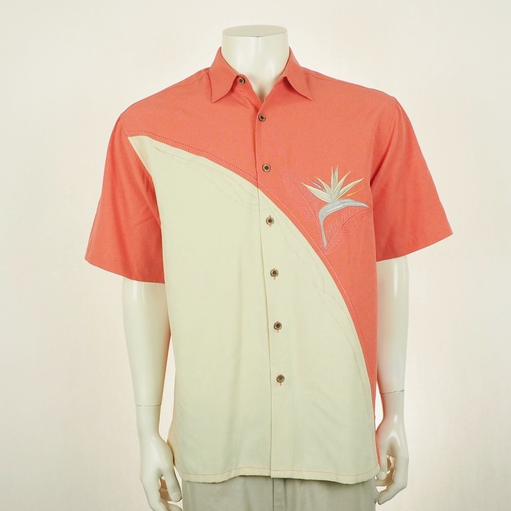 Bamboo Cay Hawaiian Shirt Mens Medium Beige Floral Embroidered Tropical Aloha